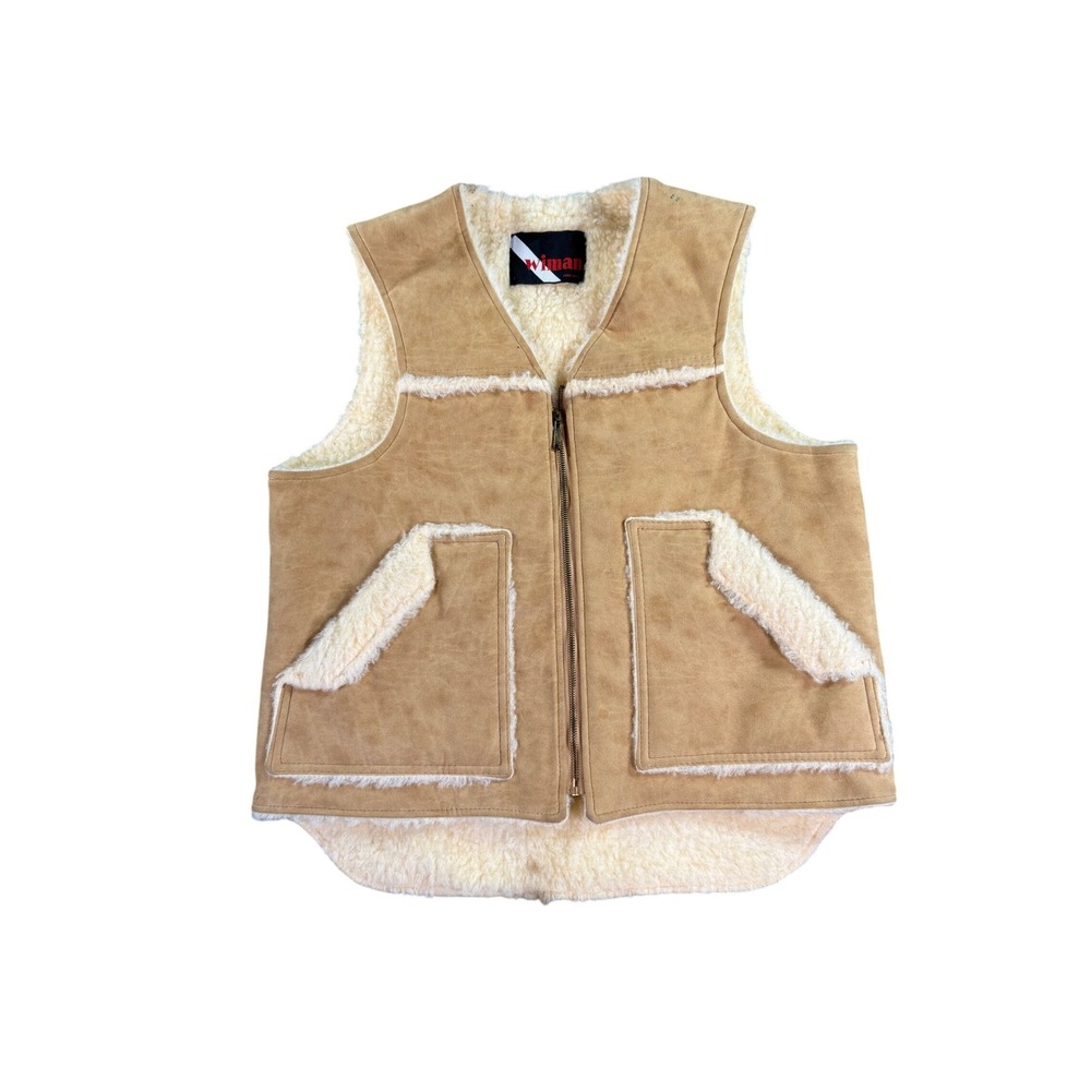 Wiman Suede Shearling Vest Mens Medium Tan Western Faux Fur Lined Made in USA
